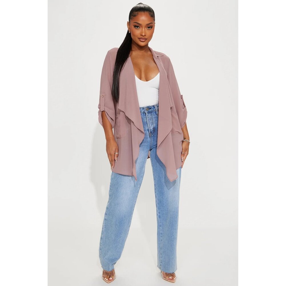 Fashion Nova Sheer Mocha Duster Jacket | Draped Chiffon Layer | Size S/M - Picture 2 of 3